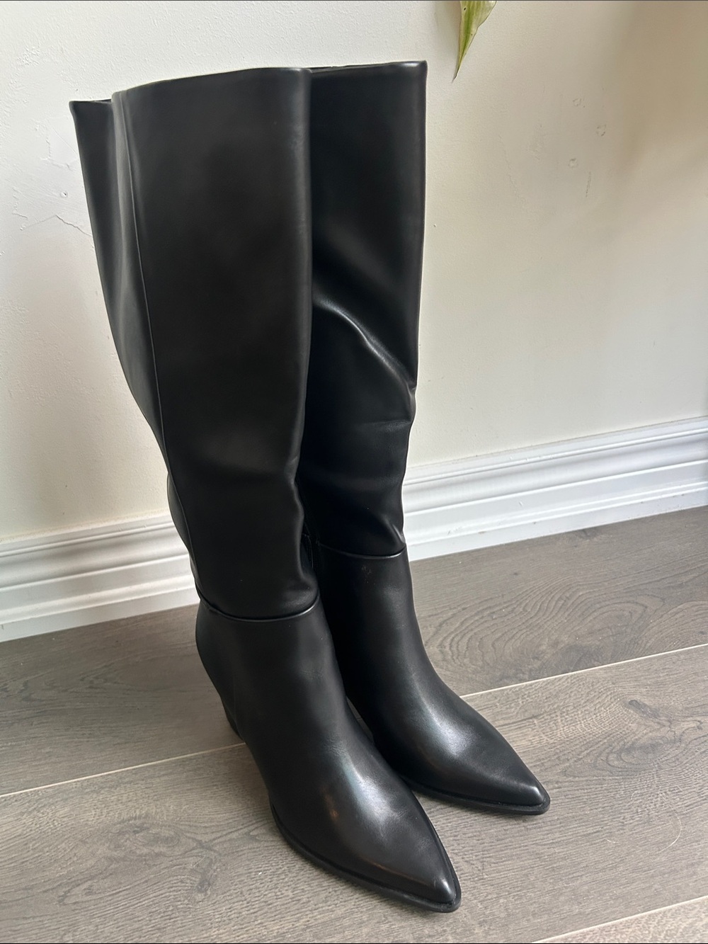 Black Faux Leather Knee High Pointed Toe Block Heel Boots Size 7 NWOT - Picture 6 of 16